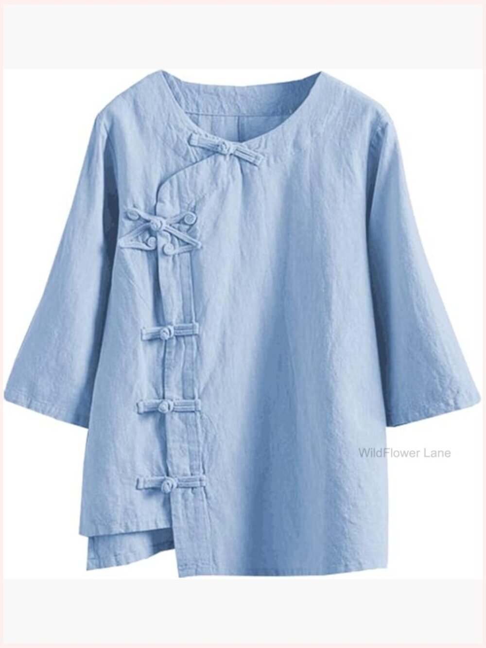 Cotton Linen Blouse - Chinese Frog Button Tunic Top - 3/4 Sleeve